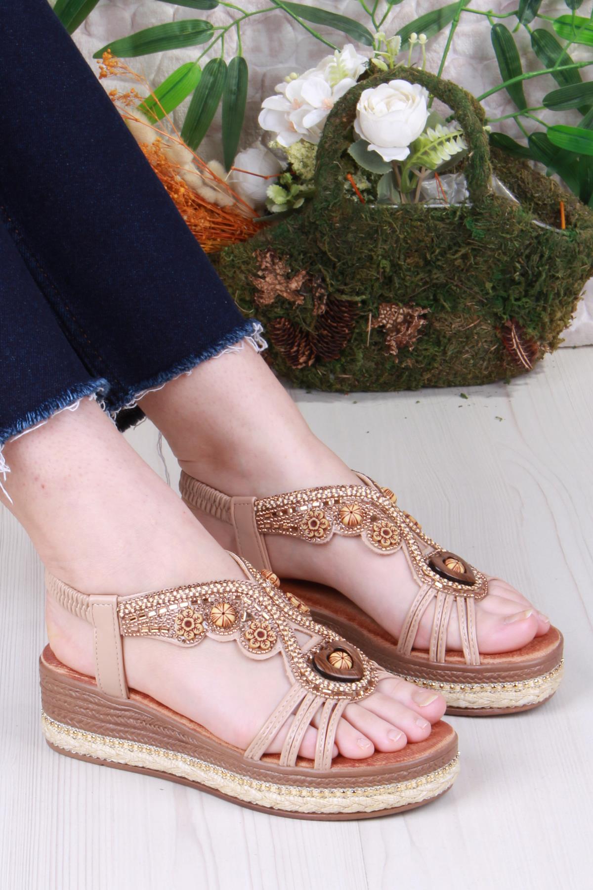 Gizem Anatomik Rahat Taban Taşlı Boncuklu Lastikli Kadın Sandalet - Görsel 2