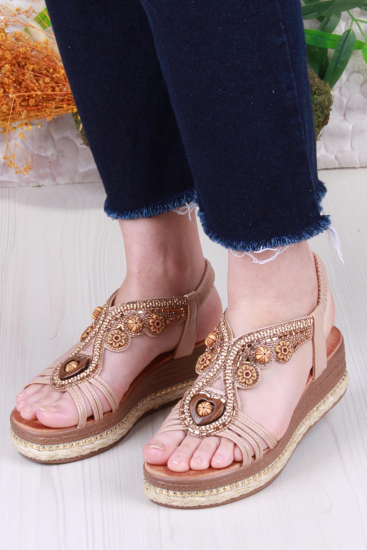 Gizem Anatomik Rahat Taban Taşlı Boncuklu Lastikli Kadın Sandalet - Görsel 3