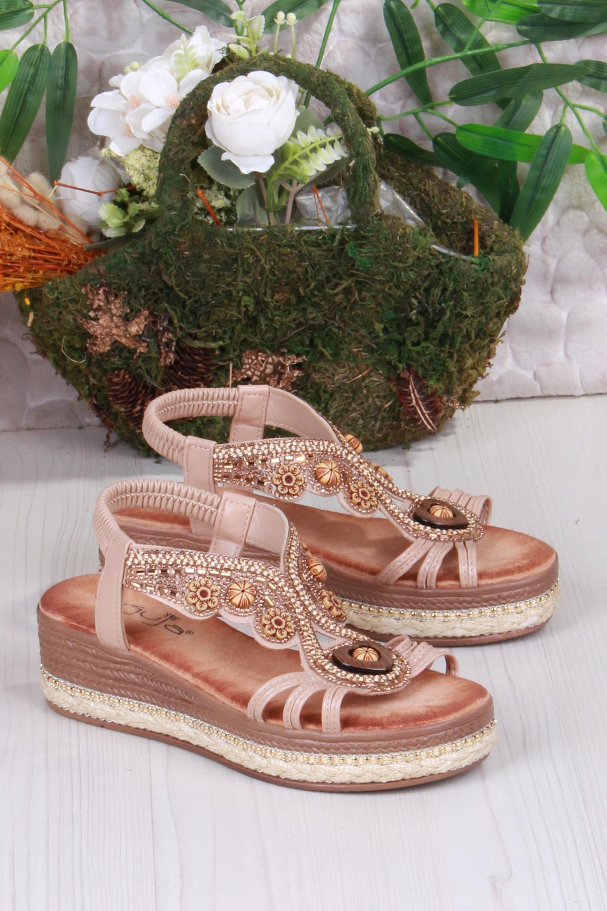 Gizem Anatomik Rahat Taban Taşlı Boncuklu Lastikli Kadın Sandalet - Görsel 4