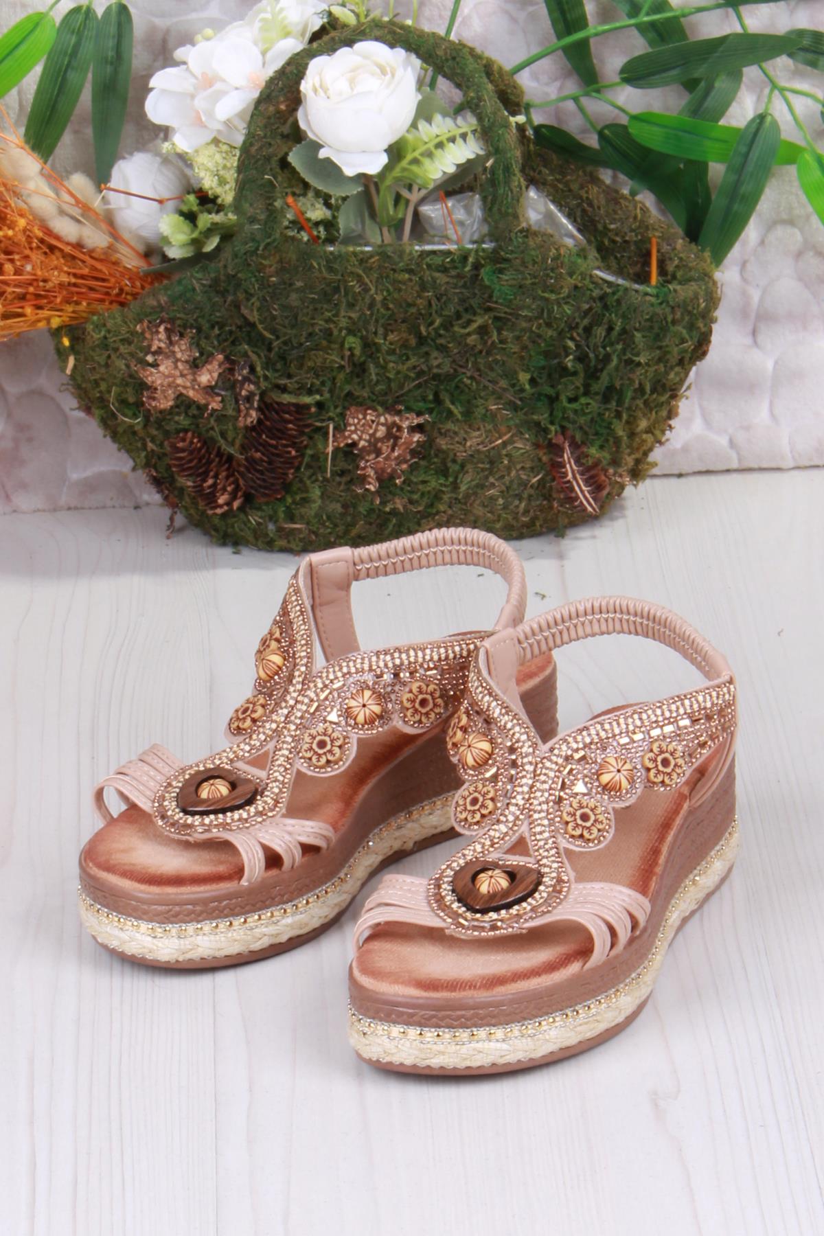 Gizem Anatomik Rahat Taban Taşlı Boncuklu Lastikli Kadın Sandalet - Görsel 5