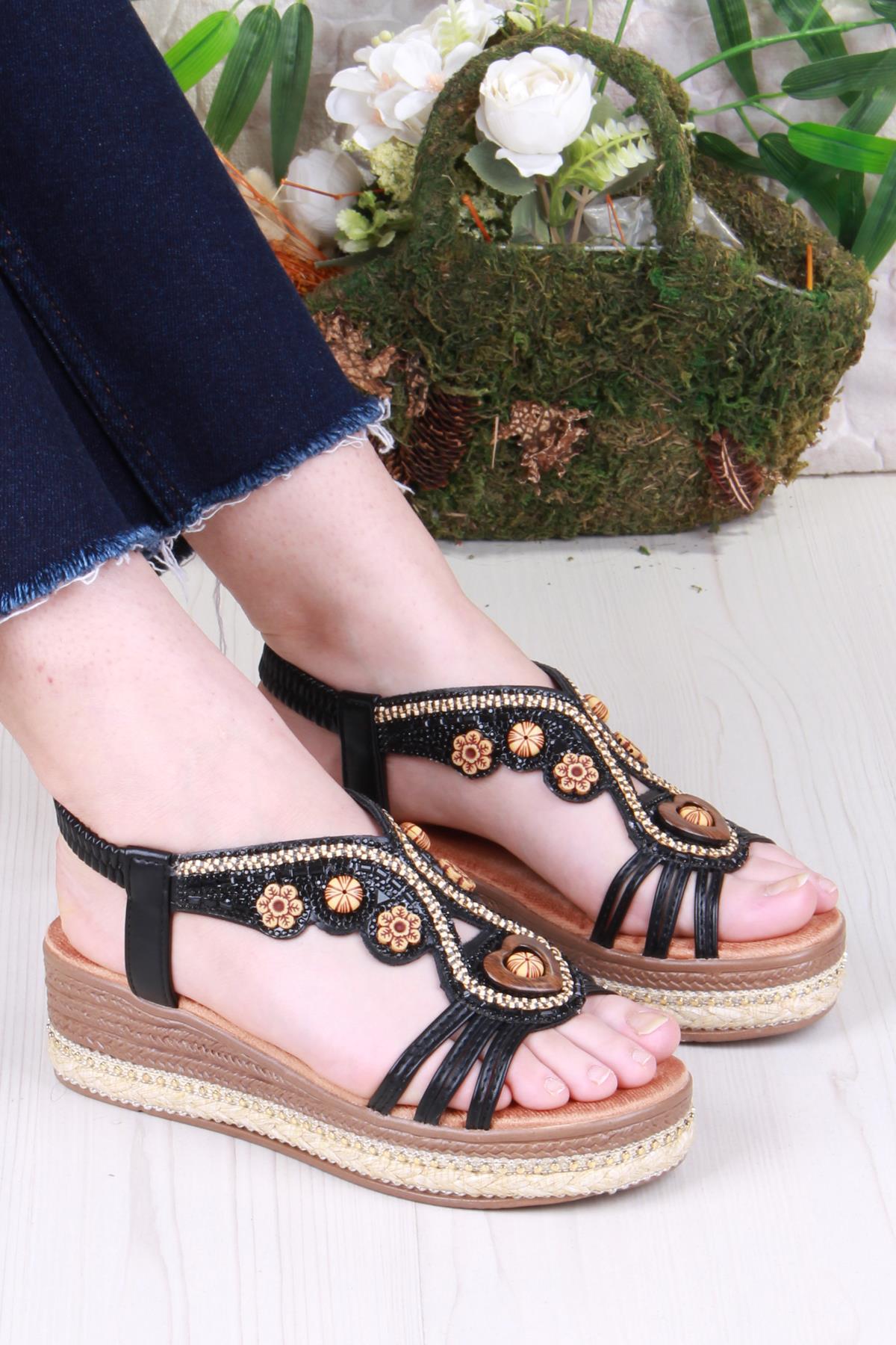 Gizem Anatomik Rahat Taban Taşlı Boncuklu Lastikli Kadın Sandalet - Görsel 2