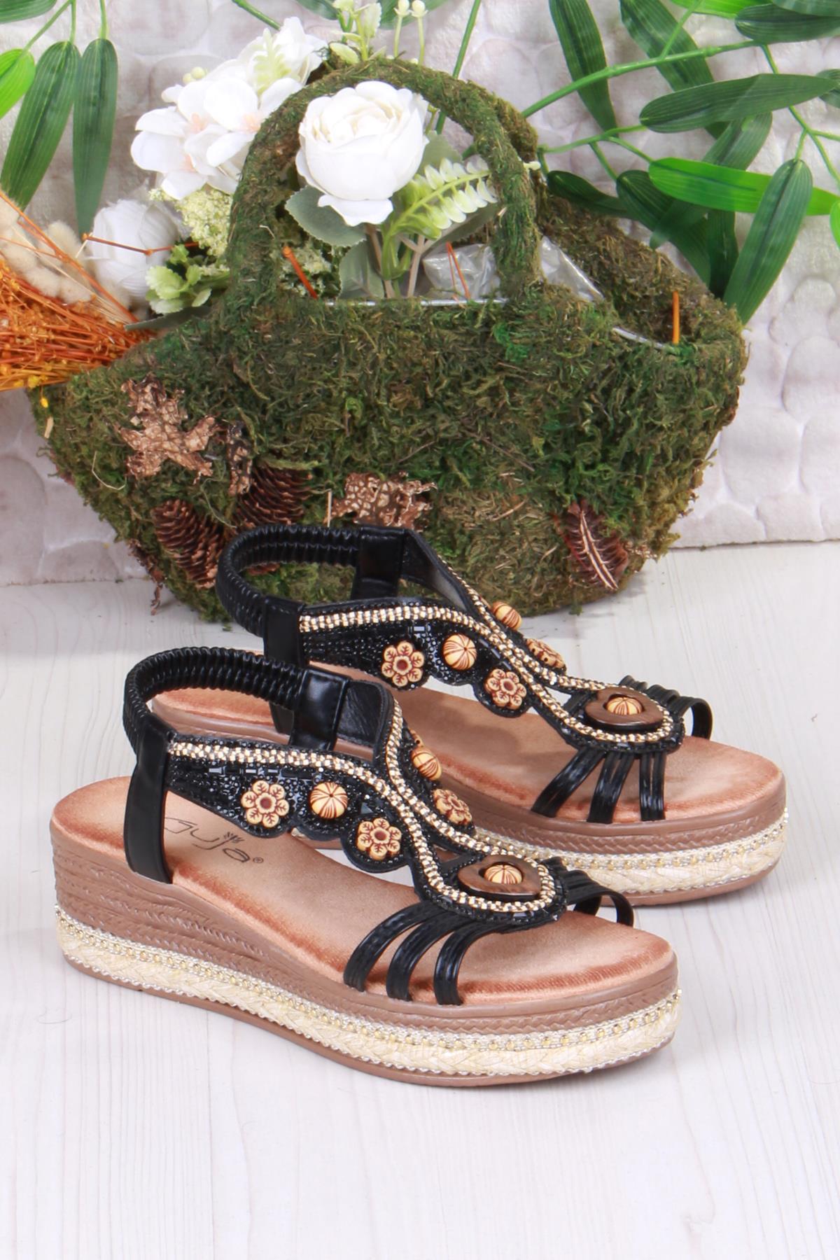 Gizem Anatomik Rahat Taban Taşlı Boncuklu Lastikli Kadın Sandalet - Görsel 4