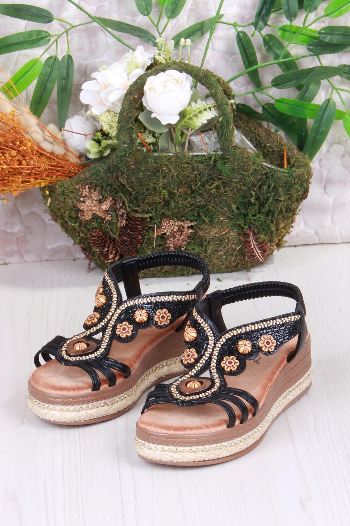 Gizem Anatomik Rahat Taban Taşlı Boncuklu Lastikli Kadın Sandalet - Görsel 5