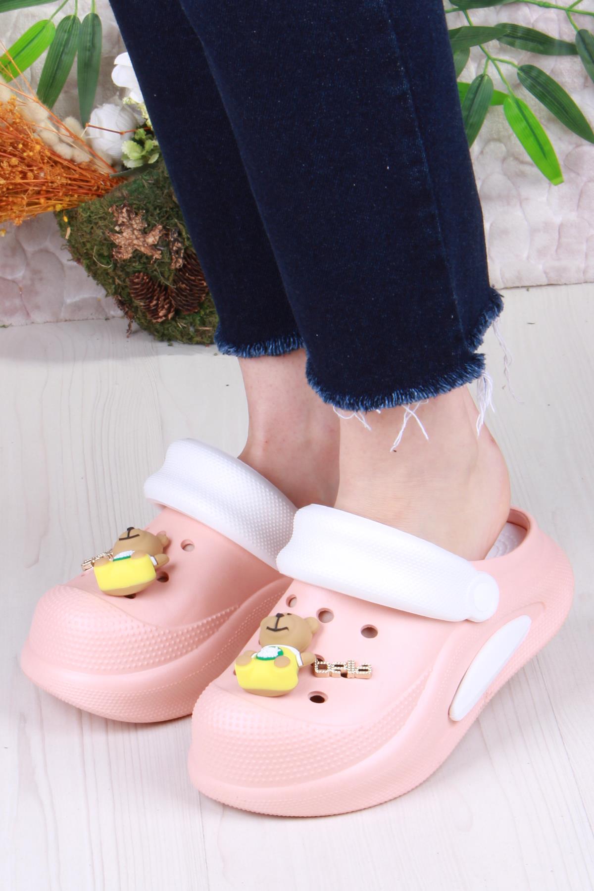 E468 Bella Pudra Beyaz Eva Malzeme Sabo Doktor Medikal Aşçı Günlük Burnu Kapalı Terlik - Görsel 3