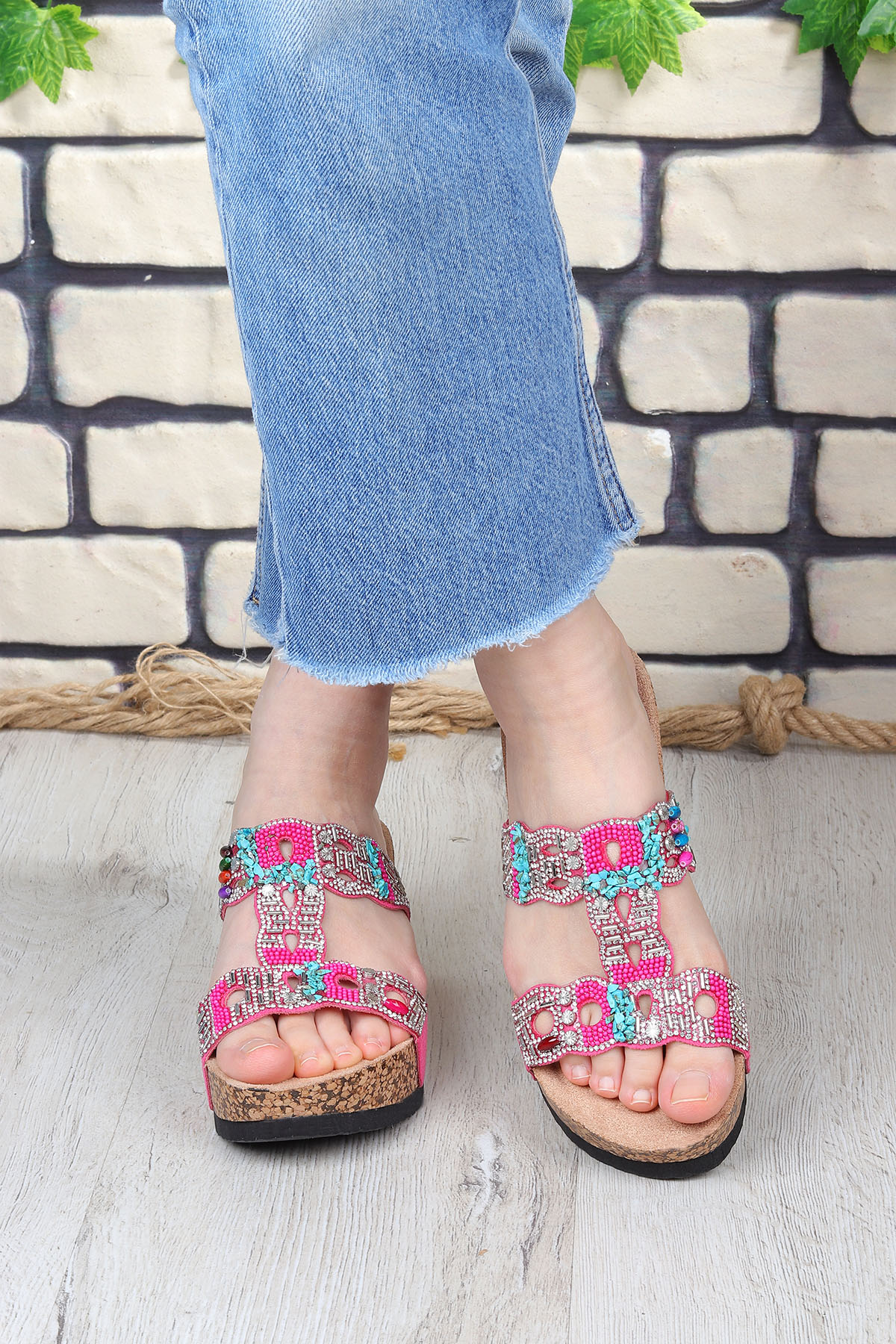 Gj Giorgia Dolgu Topuk Taş Detaylı Rahat Kadın Terlik - Görsel 6