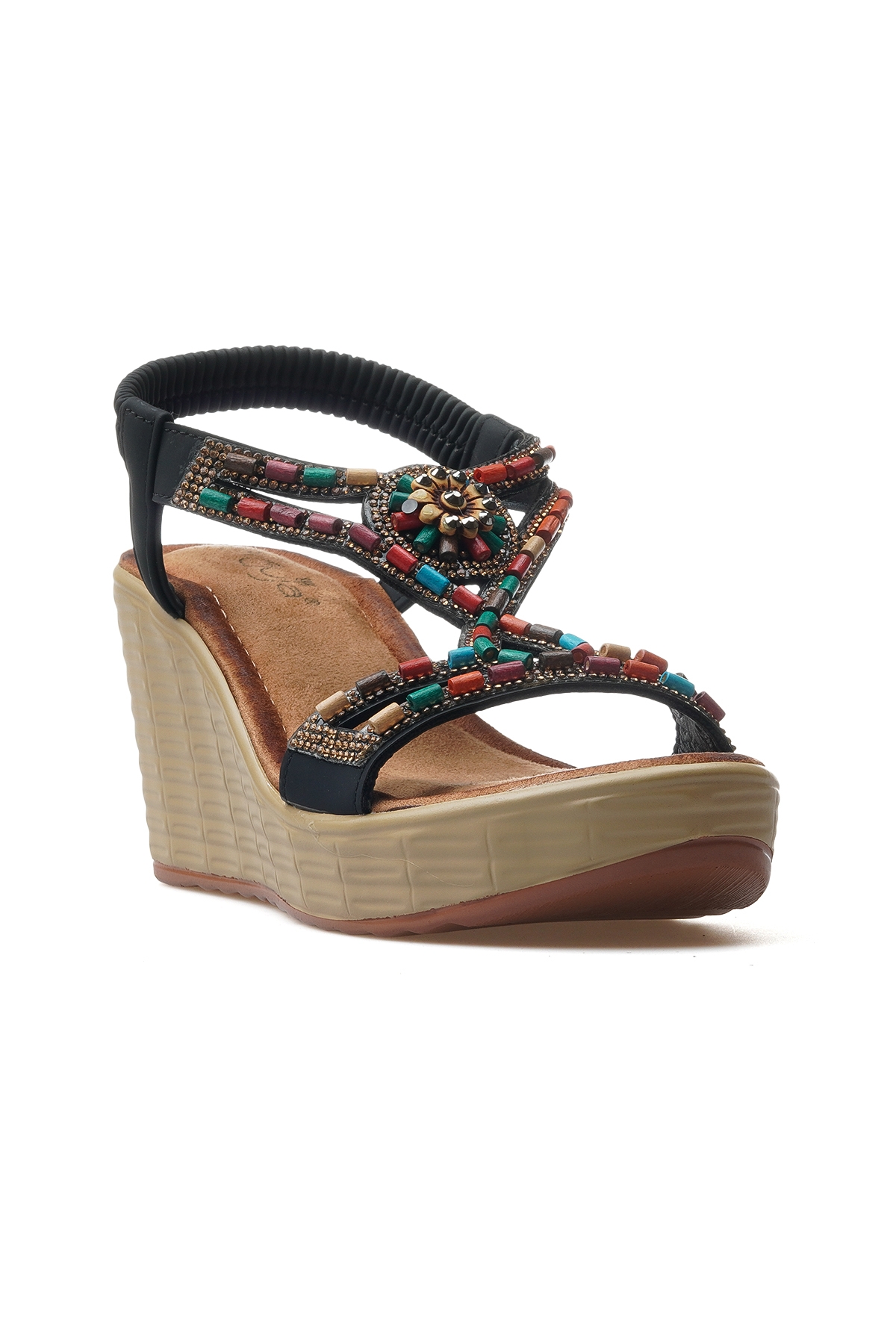 Kadın Taş Detaylı Dolgu Topuklu Günlük Sandalet 25y 25y155-2 Z Siyah - Görsel 5