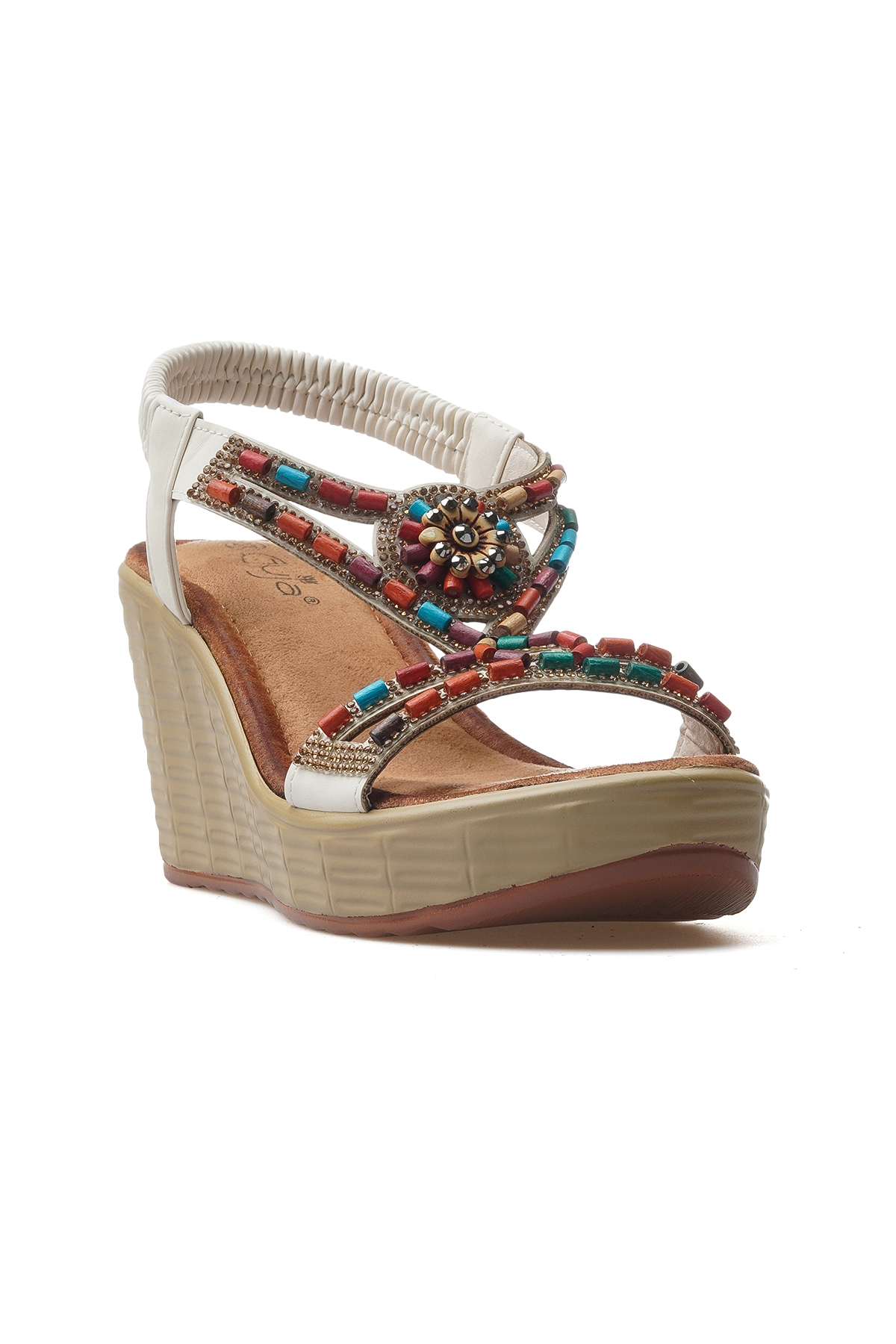 Kadın Taş Detaylı Dolgu Topuklu Günlük Sandalet 25y 25y155-2 Z Beyaz - Görsel 5