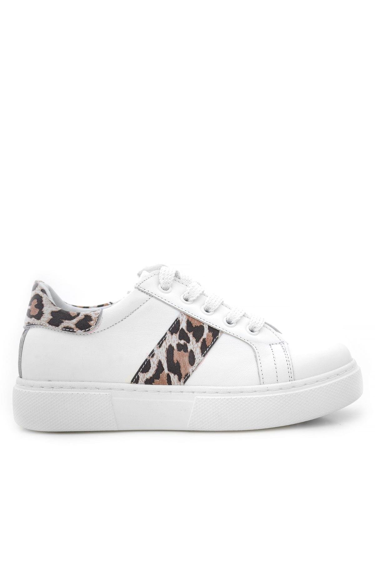 Hakiki Deri Beyaz Bağcıklı Leopar Desenli Kız Çocuk Spor Ayakkabı - Görsel 2