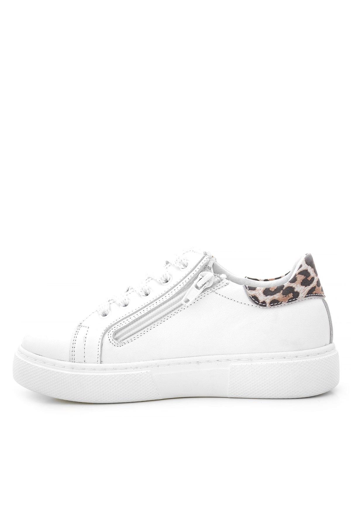 Hakiki Deri Beyaz Bağcıklı Leopar Desenli Kız Çocuk Spor Ayakkabı - Görsel 5