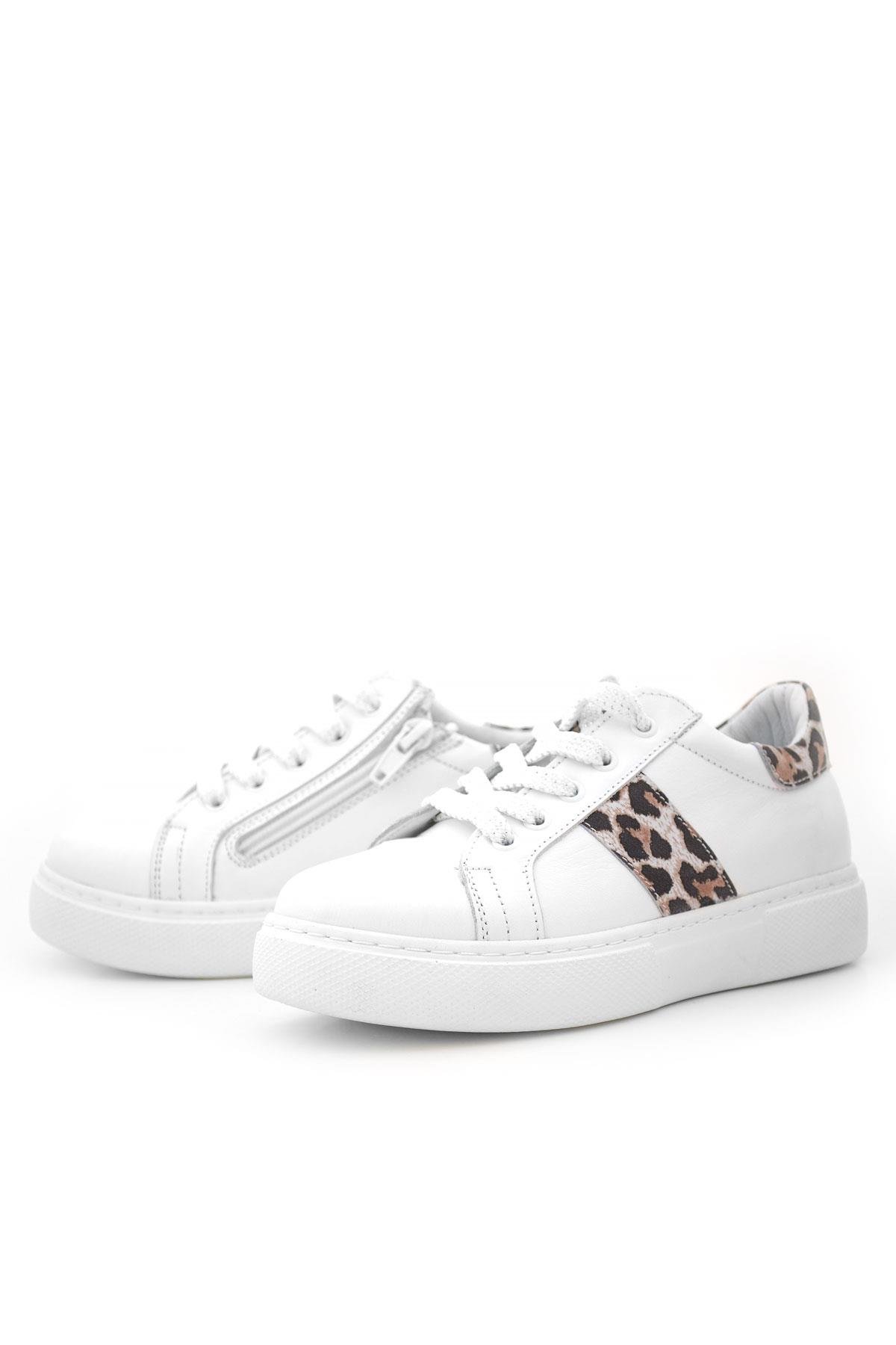Hakiki Deri Beyaz Bağcıklı Leopar Desenli Kız Çocuk Spor Ayakkabı - Görsel 6