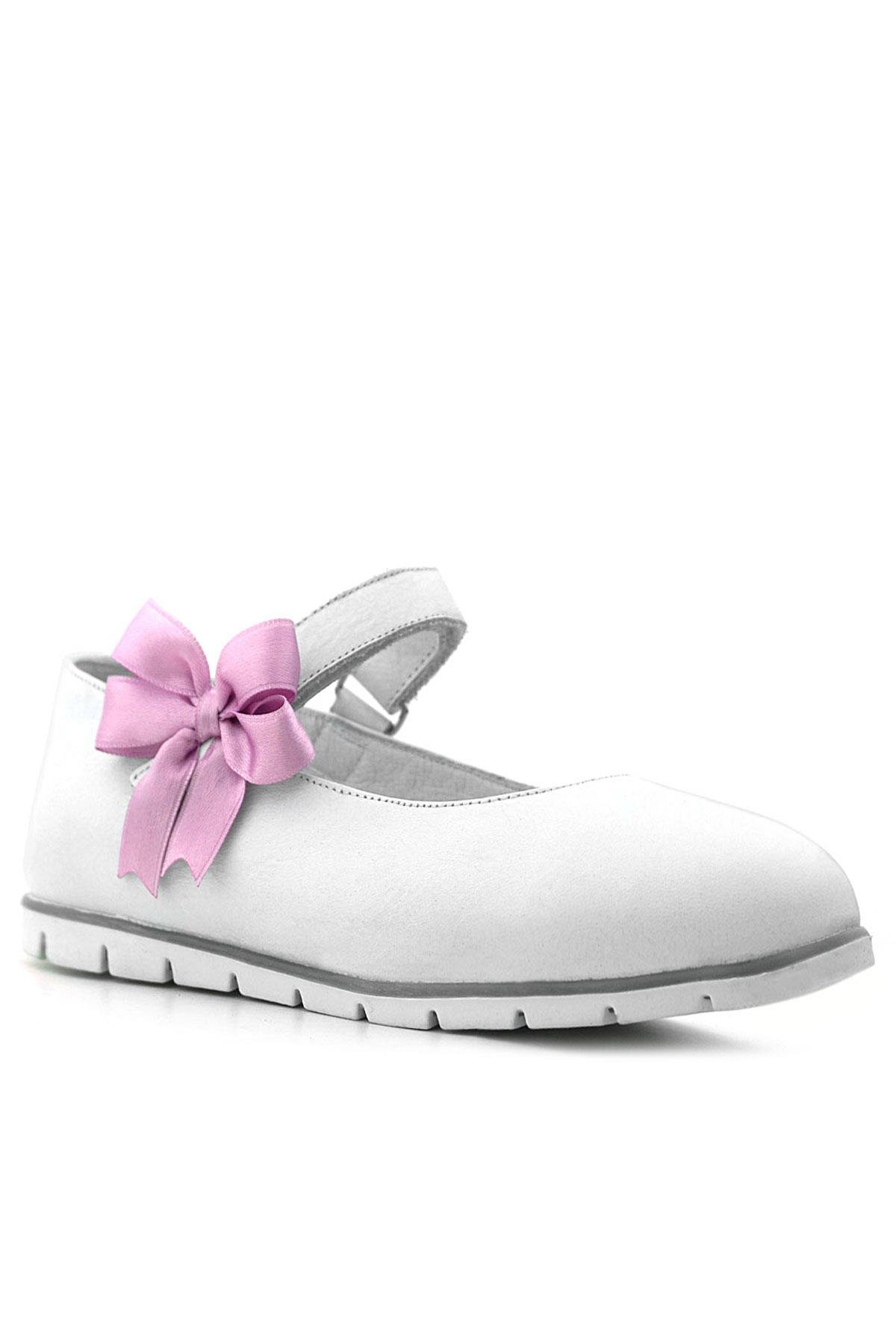 Hakiki Deri Beyaz Cırtlı Pembe Kurdeleli Kız Çocuk Babet - Görsel 2