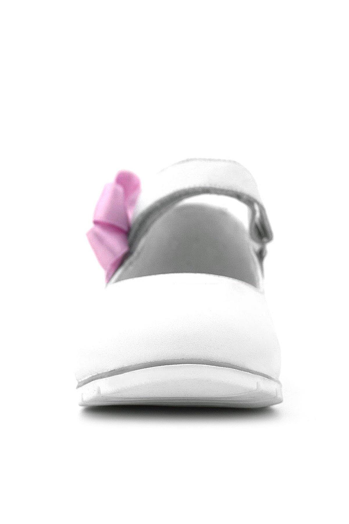 Hakiki Deri Beyaz Cırtlı Pembe Kurdeleli Kız Çocuk Babet - Görsel 4