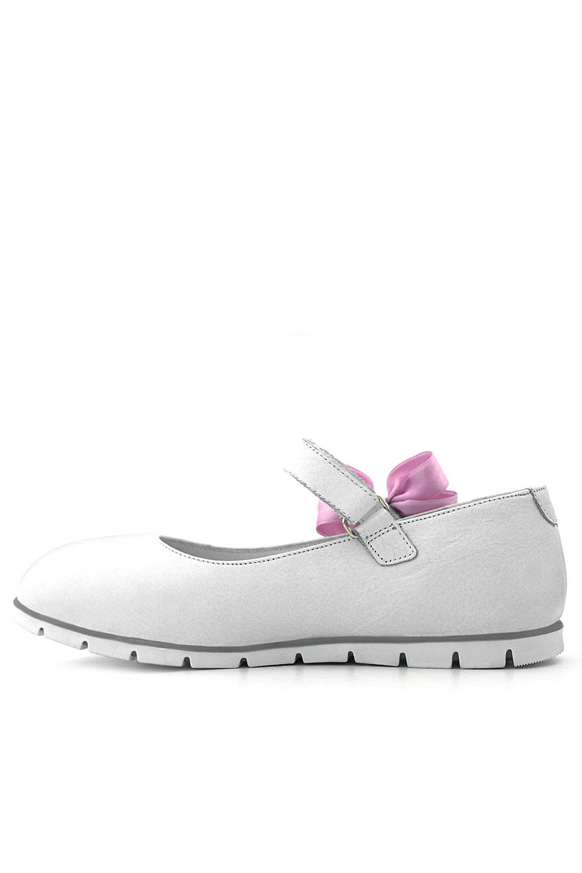 Hakiki Deri Beyaz Cırtlı Pembe Kurdeleli Kız Çocuk Babet - Görsel 5