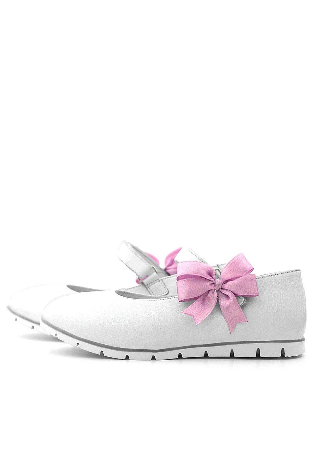 Hakiki Deri Beyaz Cırtlı Pembe Kurdeleli Kız Çocuk Babet - Görsel 6