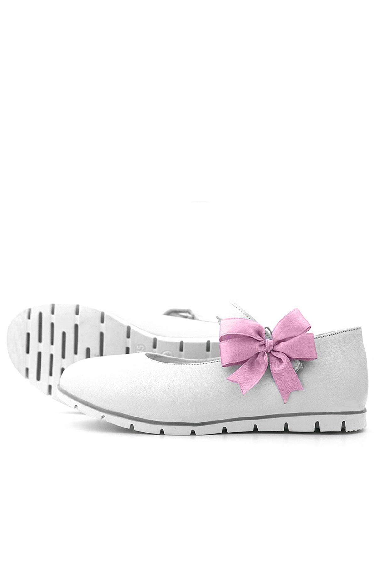 Hakiki Deri Beyaz Cırtlı Pembe Kurdeleli Kız Çocuk Babet - Görsel 7