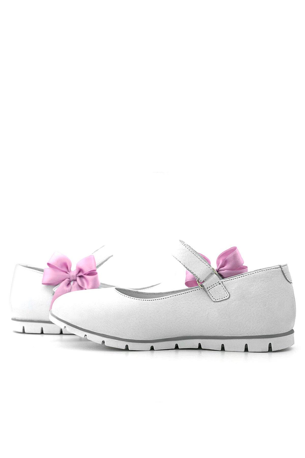 Hakiki Deri Beyaz Cırtlı Pembe Kurdeleli Kız Çocuk Babet - Görsel 8