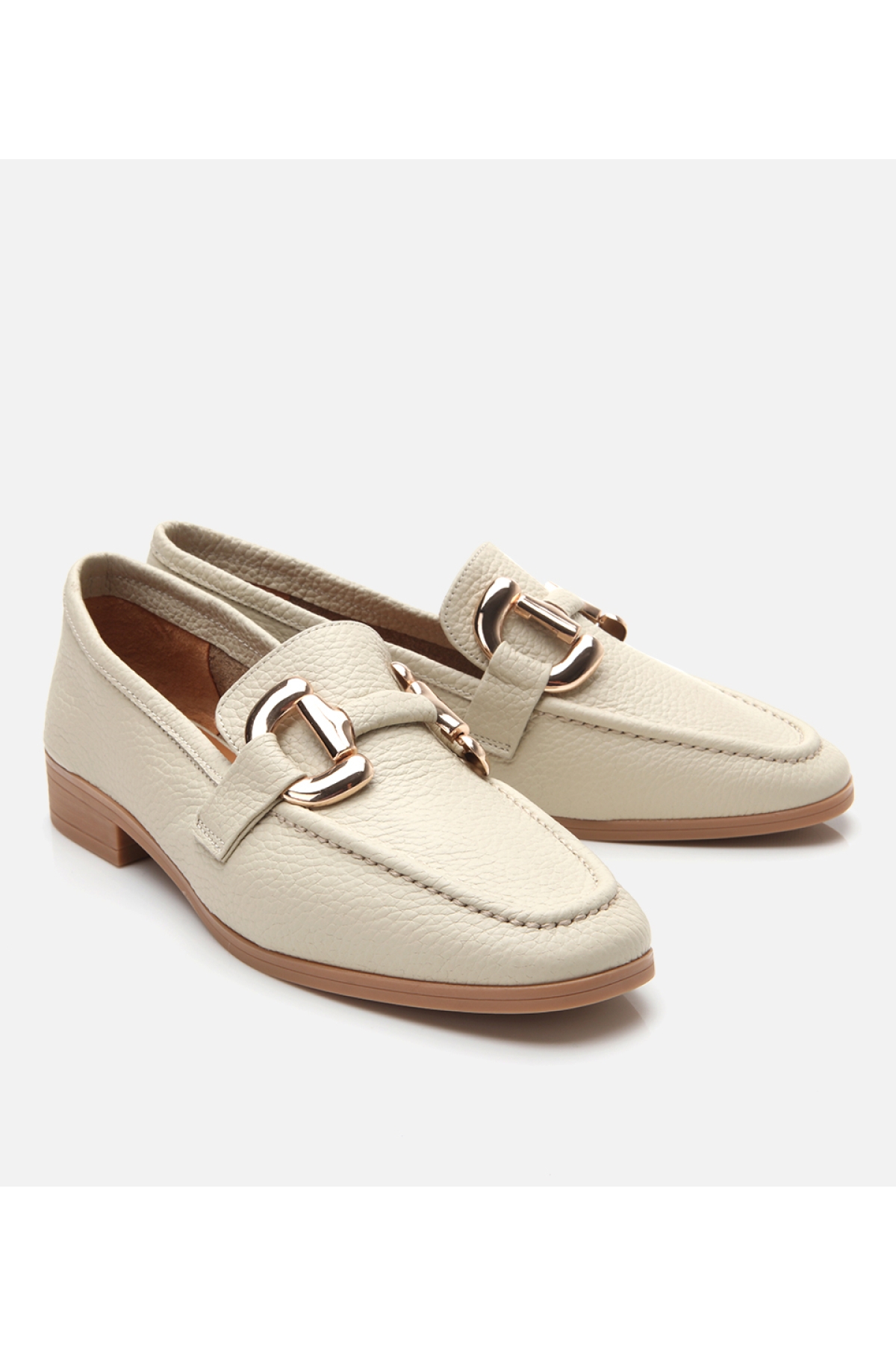 Kadın Deri Ekru Tokalı Günlük Loafer - Görsel 3