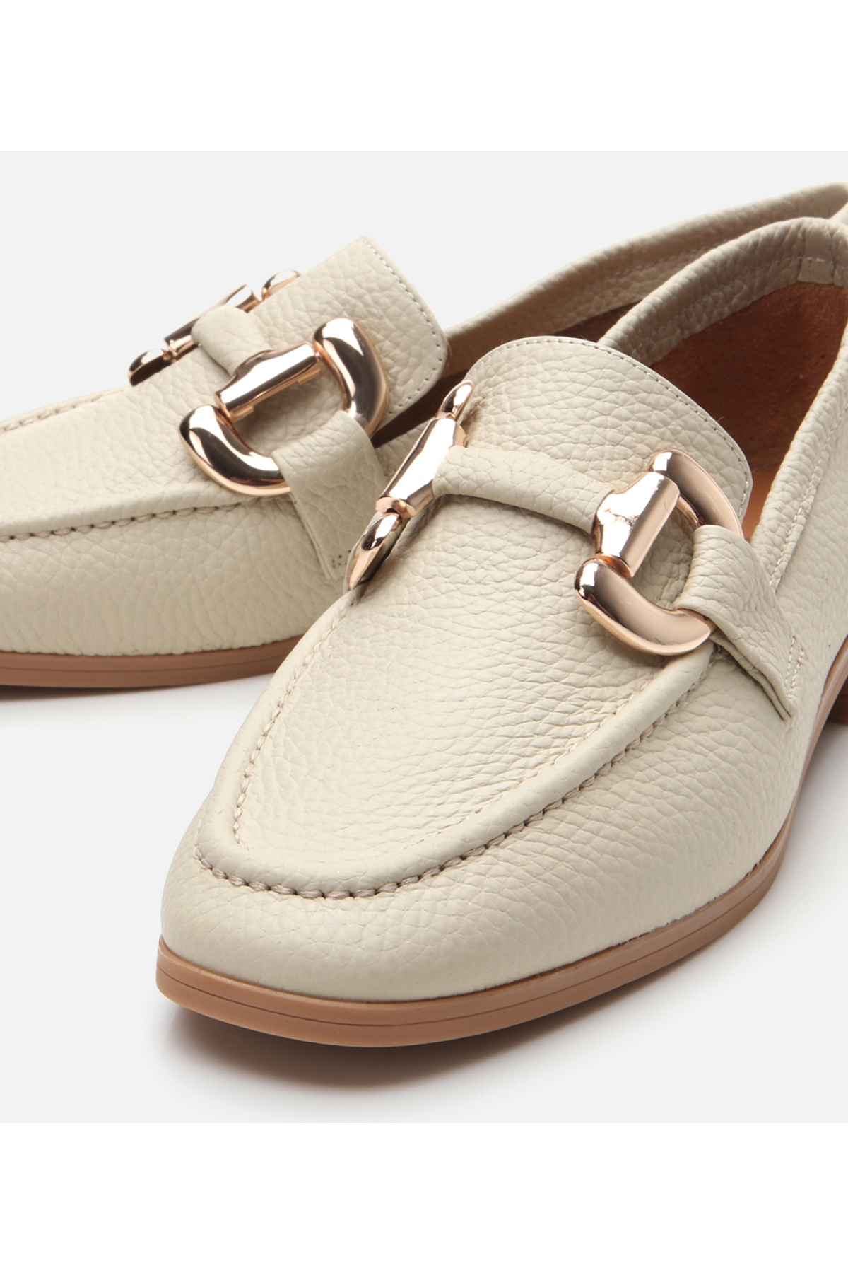 Kadın Deri Ekru Tokalı Günlük Loafer - Görsel 4