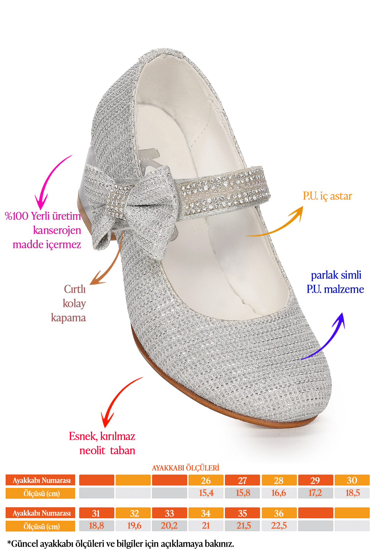 Cameli Günlük Kız Çocuk 4 Cm Topuklu Abiye Ayakkabı Gümüş - Görsel 3