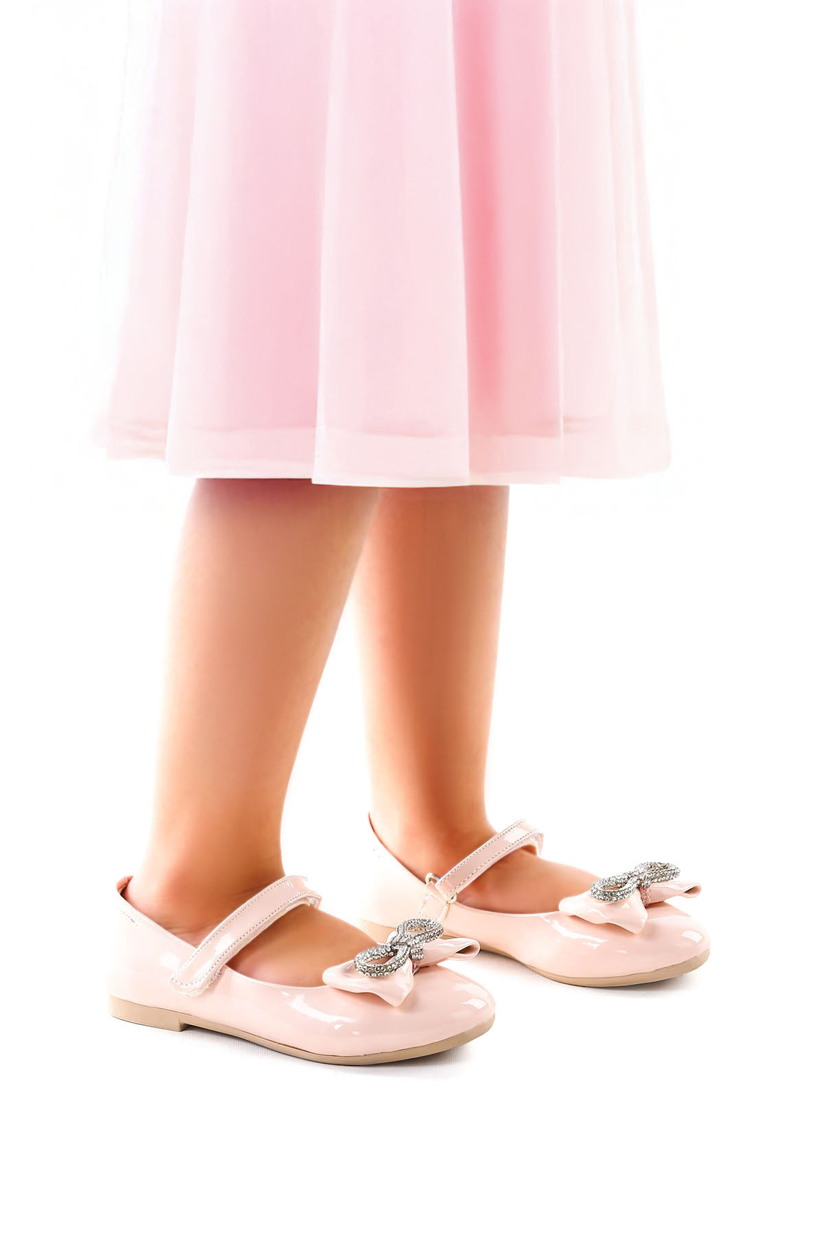 Bowtie Papyon Taşlı Cırtlı Kız Çocuk Babet Ayakkabı Pudra - Görsel 2