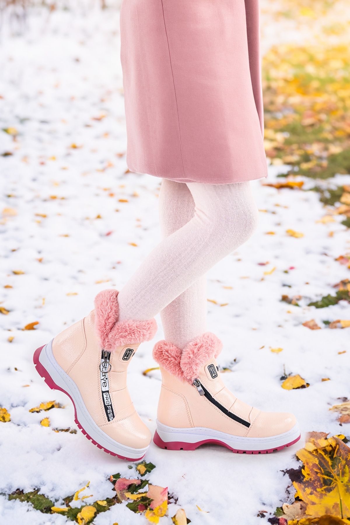 250 Rugan Çatlak Fermuarlı Kız Çocuk Bot Ayakkabı Pudra - Görsel 2