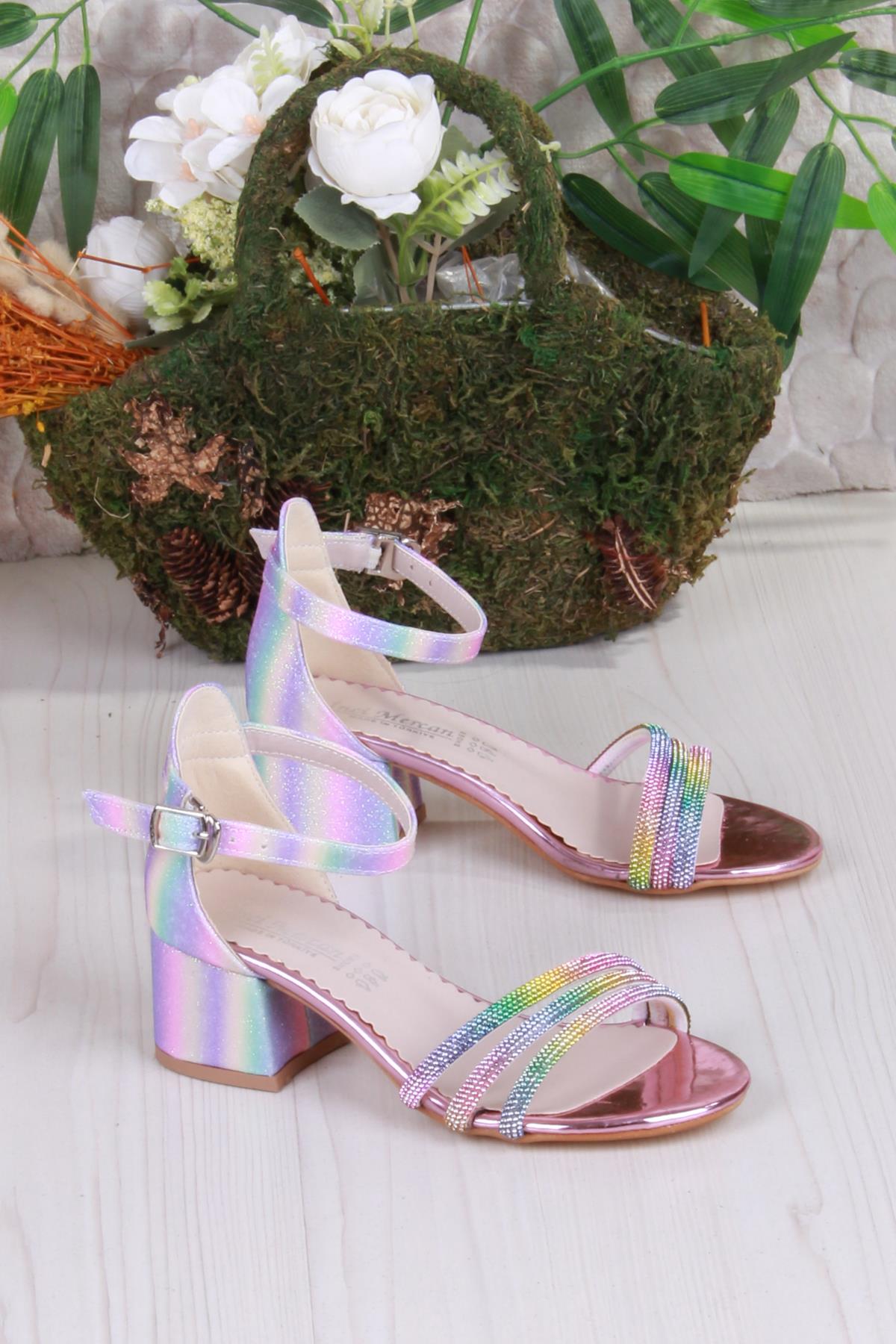 352089 Taşlı Detaylı Topuklu Kız Çocuk Abiye Ayakkabı - Görsel 2