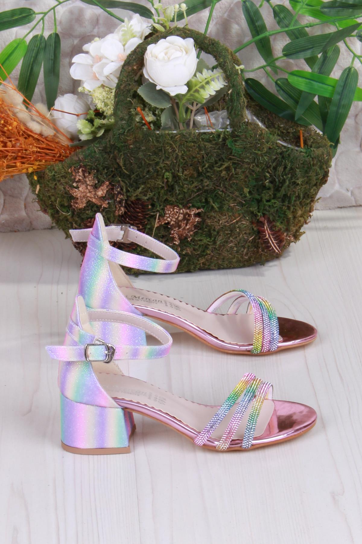 352089 Taşlı Detaylı Topuklu Kız Çocuk Abiye Ayakkabı - Görsel 3