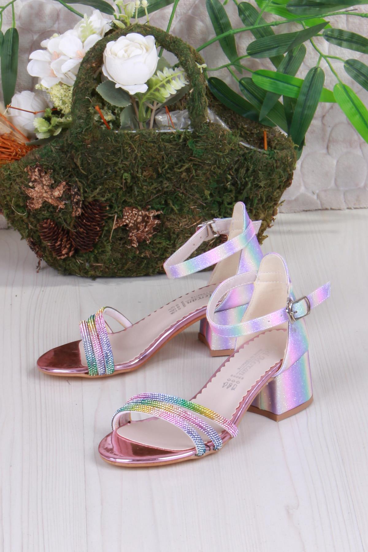 352089 Taşlı Detaylı Topuklu Kız Çocuk Abiye Ayakkabı - Görsel 4