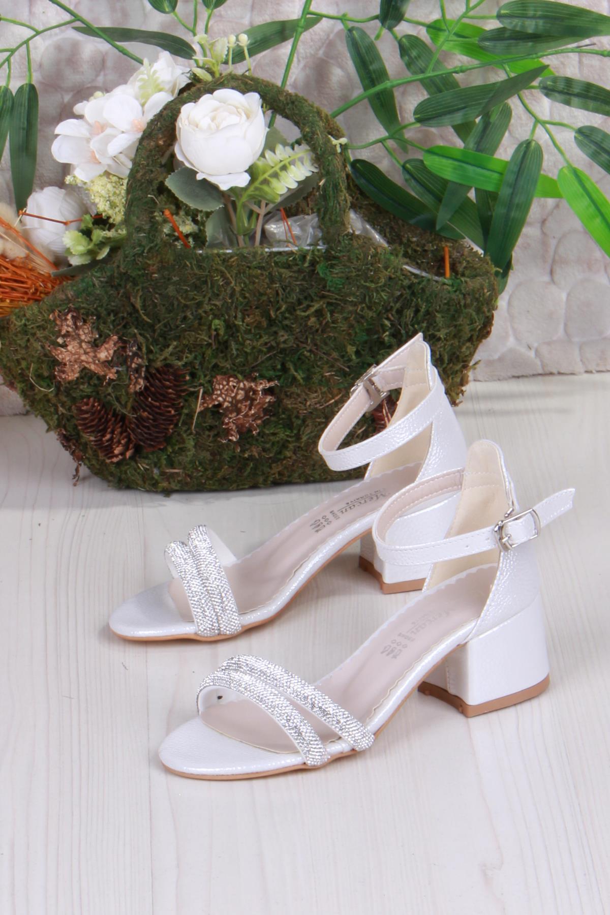 352087 Taşlı Detaylı Topuklu Kız Çocuk Abiye Ayakkabı - Görsel 4