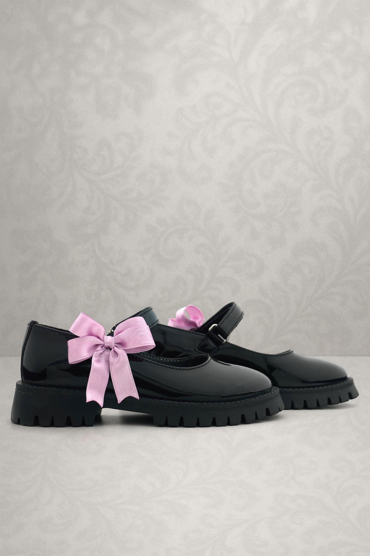 Siyah Rugan Cırtlı Kalın Tabanlı Kurdeleli Kız Çocuk Okul Ayakkabısı - Görsel 2