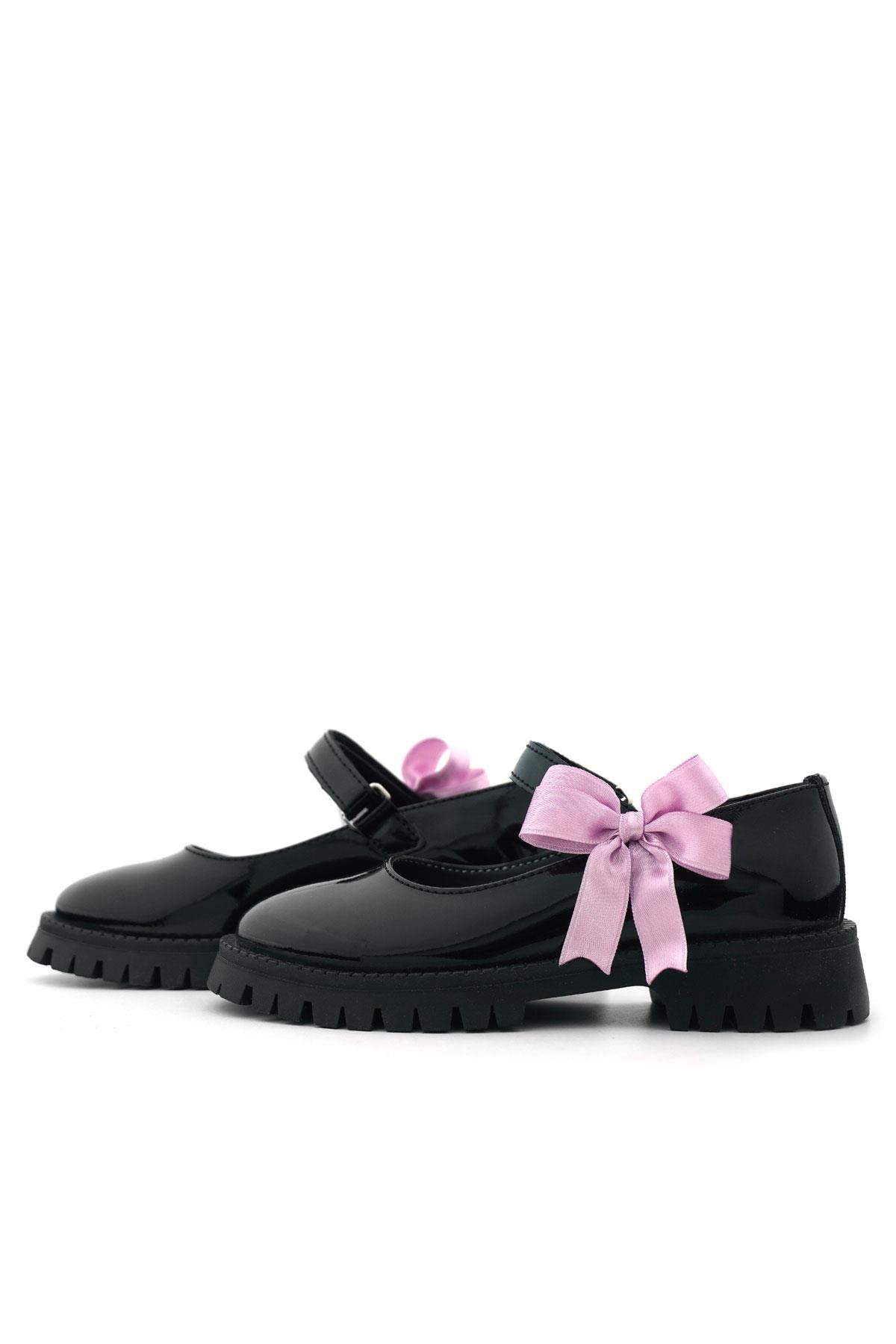 Siyah Rugan Cırtlı Kalın Tabanlı Kurdeleli Kız Çocuk Okul Ayakkabısı - Görsel 7