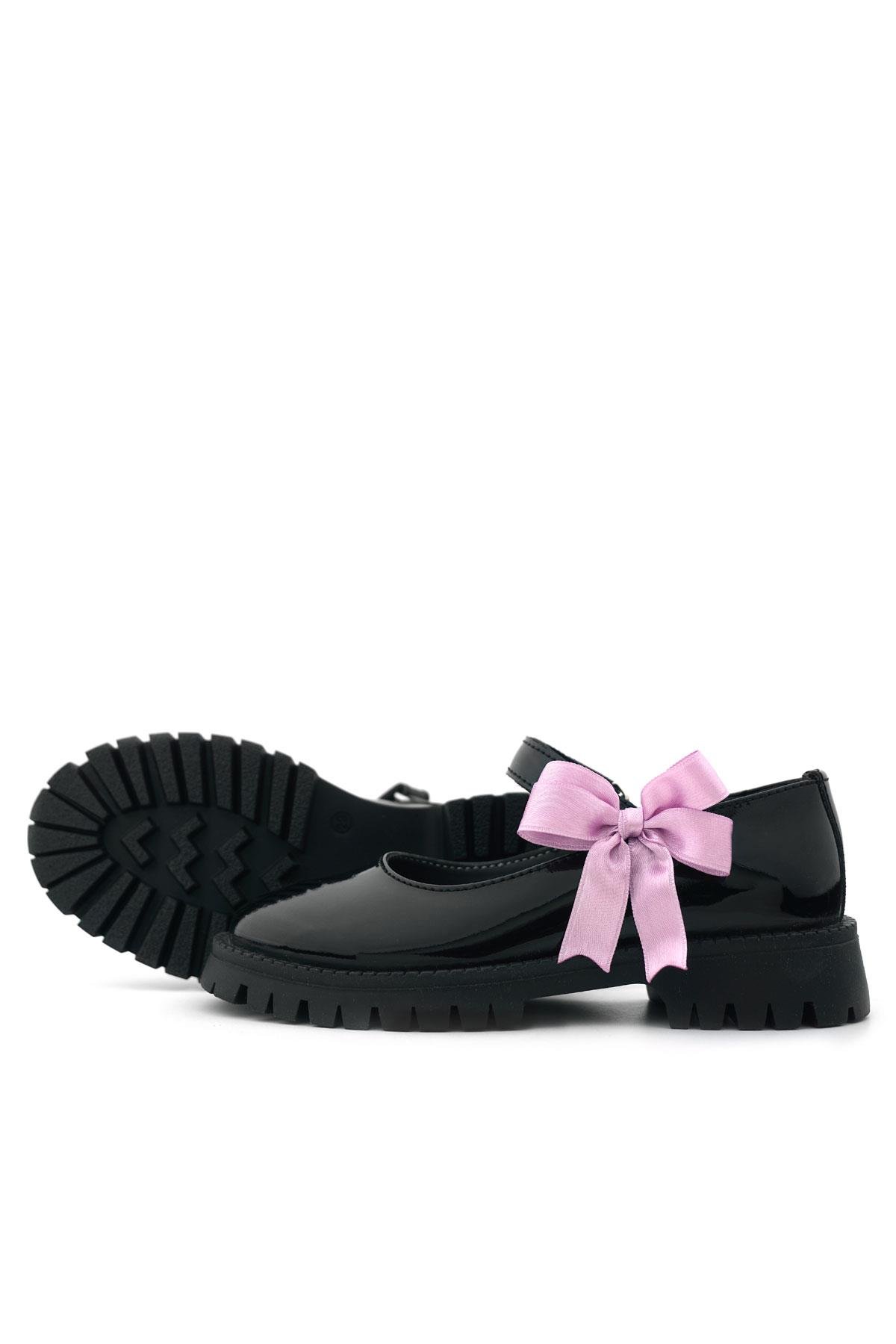 Siyah Rugan Cırtlı Kalın Tabanlı Kurdeleli Kız Çocuk Okul Ayakkabısı - Görsel 8