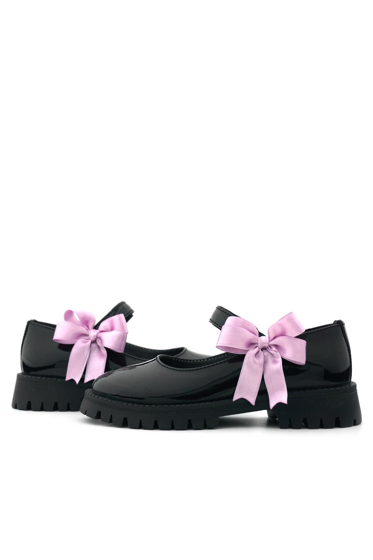 Siyah Rugan Cırtlı Kalın Tabanlı Kurdeleli Kız Çocuk Okul Ayakkabısı - Görsel 9