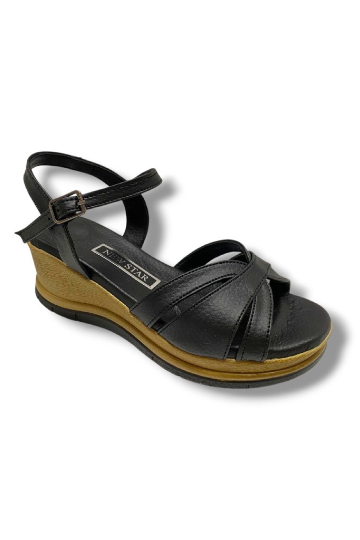 KA02-25 Deri Anatomik Yanları Açık Dolgu Topuk Kadın Sandalet - Görsel 2