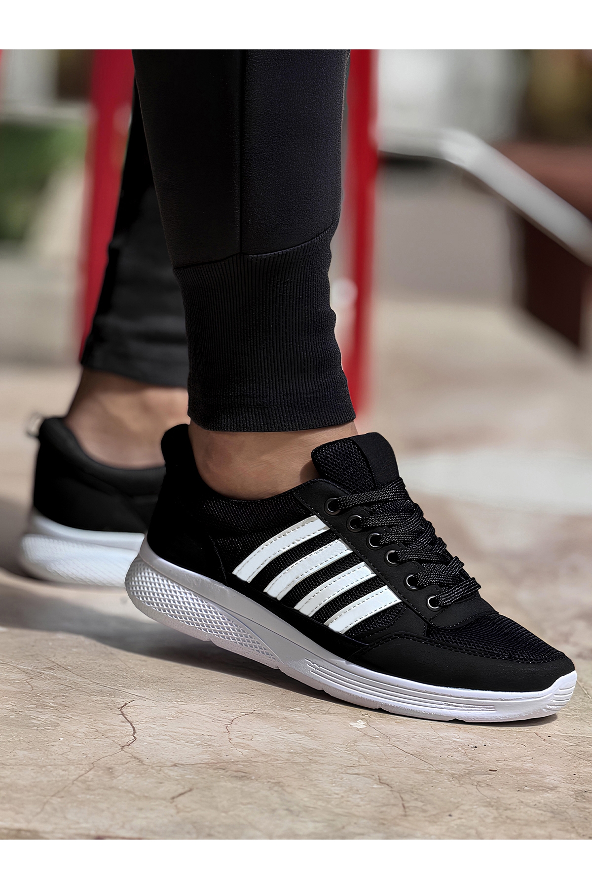 4 Çizgili Erkek Sneaker Ayakkabı Siyah Beyaz - Görsel 2