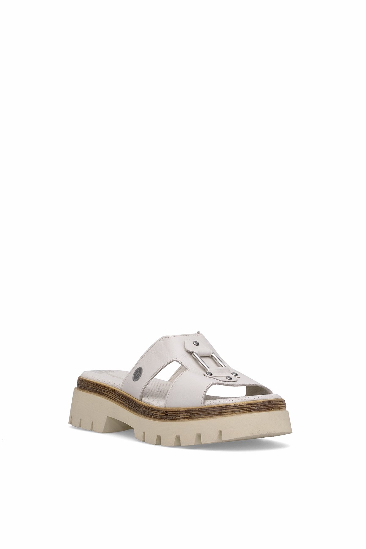 D25YT-1655 Kadın Hakiki Deri Topuklu Terlik Krem - Görsel 3