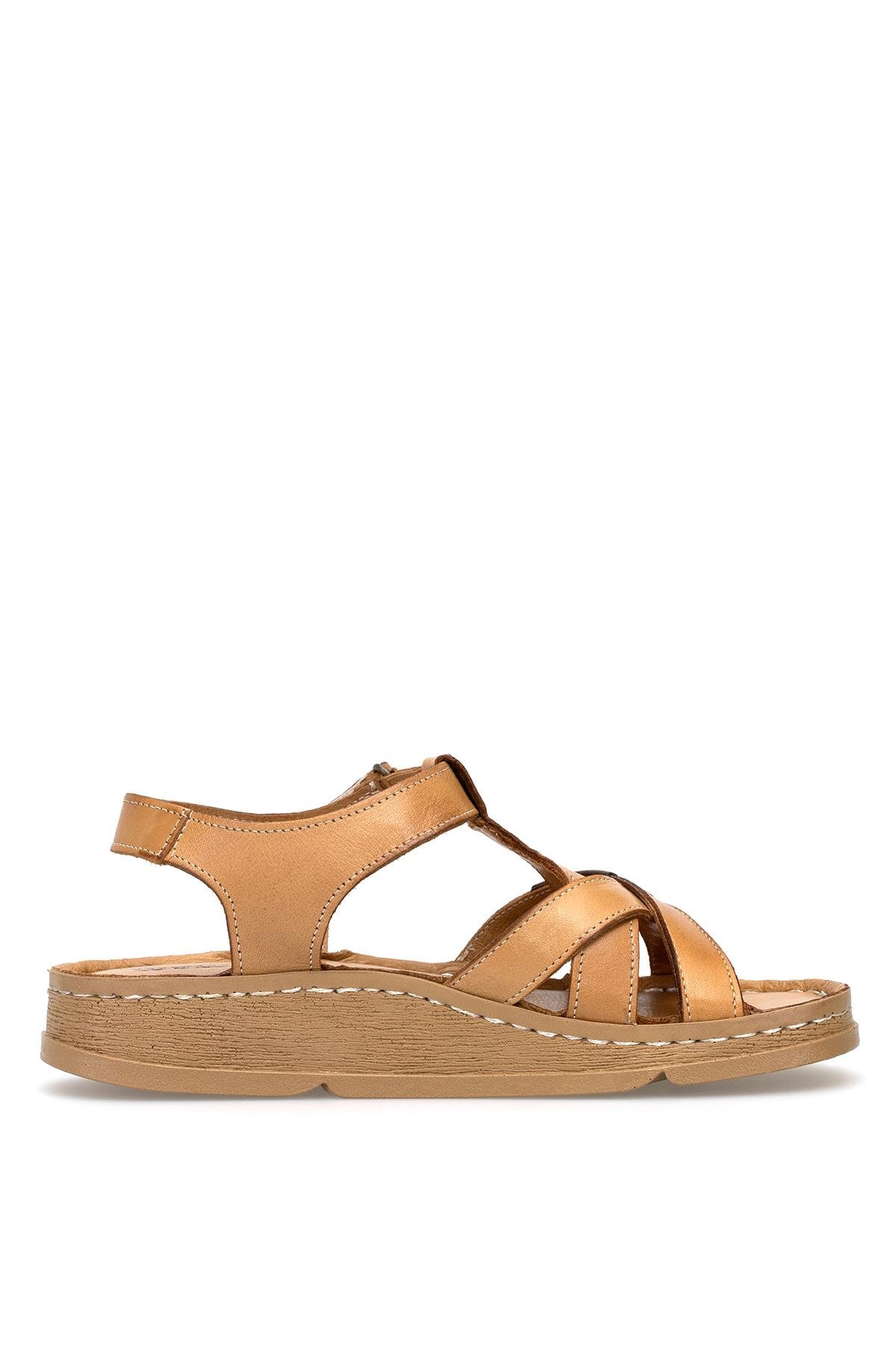 D25YS-2440 Kadın Hakiki Deri Düz Sandalet Taba - Görsel 2