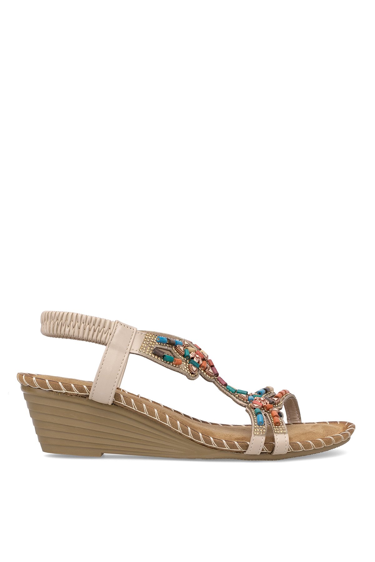 25Y151-6 Kadın Taşlı Dolgu Topuk Sandalet Bej - Görsel 2