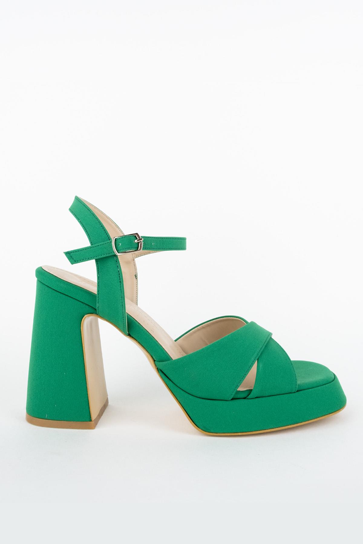 Sahra Yeşil Saten Çapraz Bantlı Kalın Platform Topuklu Ayakkabı - Görsel 3