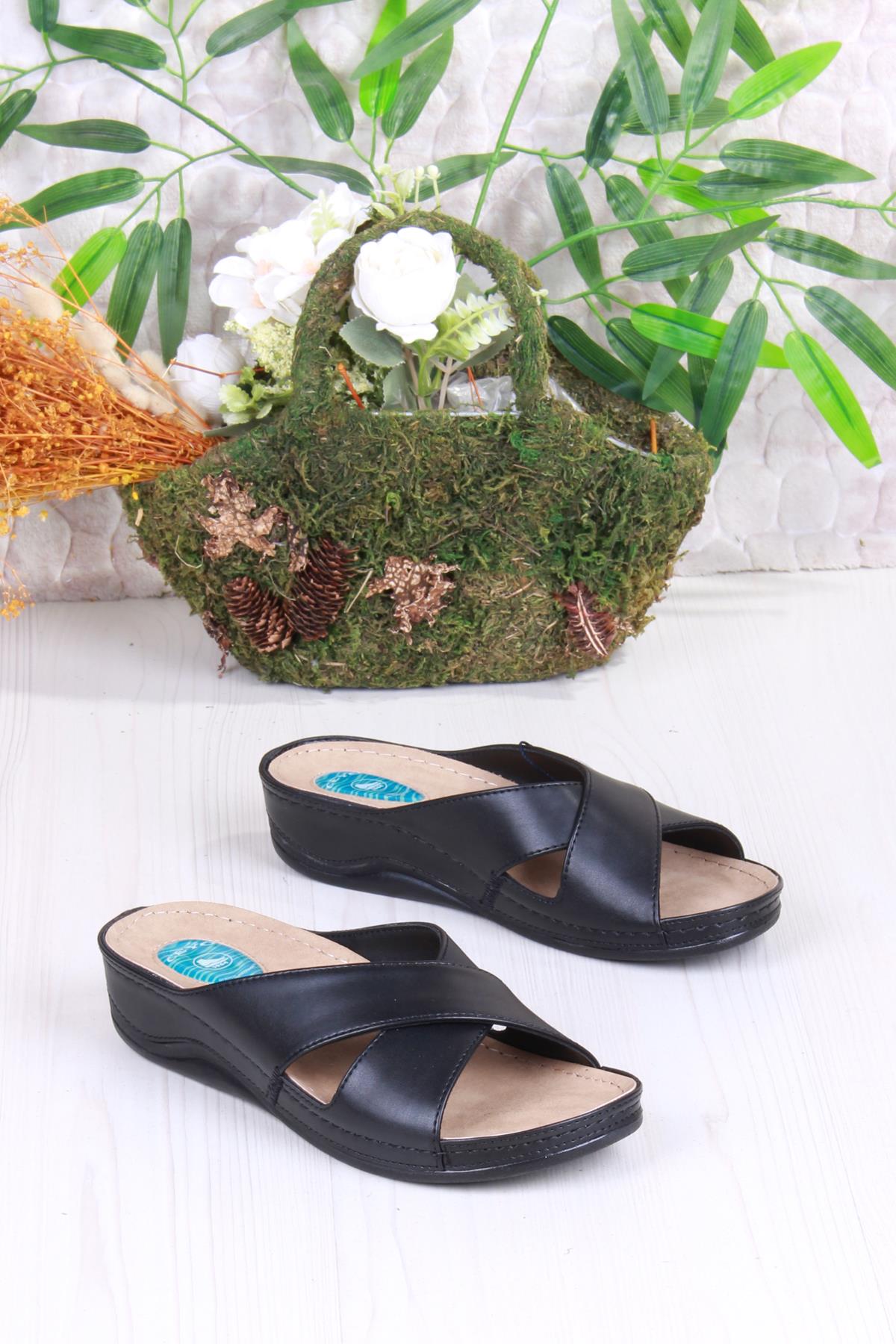 Ceyo Ceyo 9946-1 Siyah Rahat Topuk Dikeni Destekli Çapraz Bantlı Kadın Terlik Sandalet & Terlik | Flo Siyah - 4. görsel