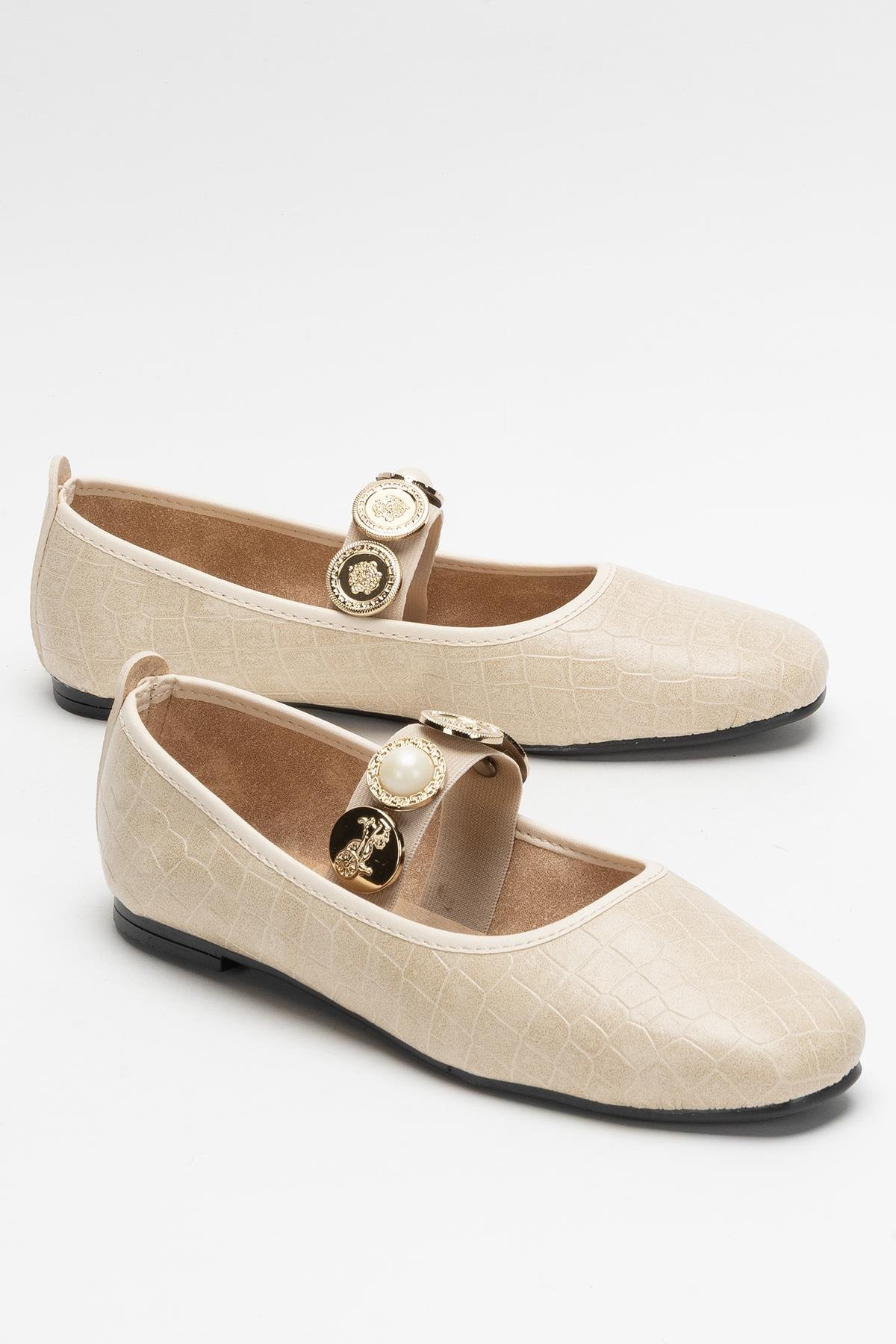 Kadın Oval Burun Aksesuar Bantlı Babet Ayakkabı KREM - Görsel 3