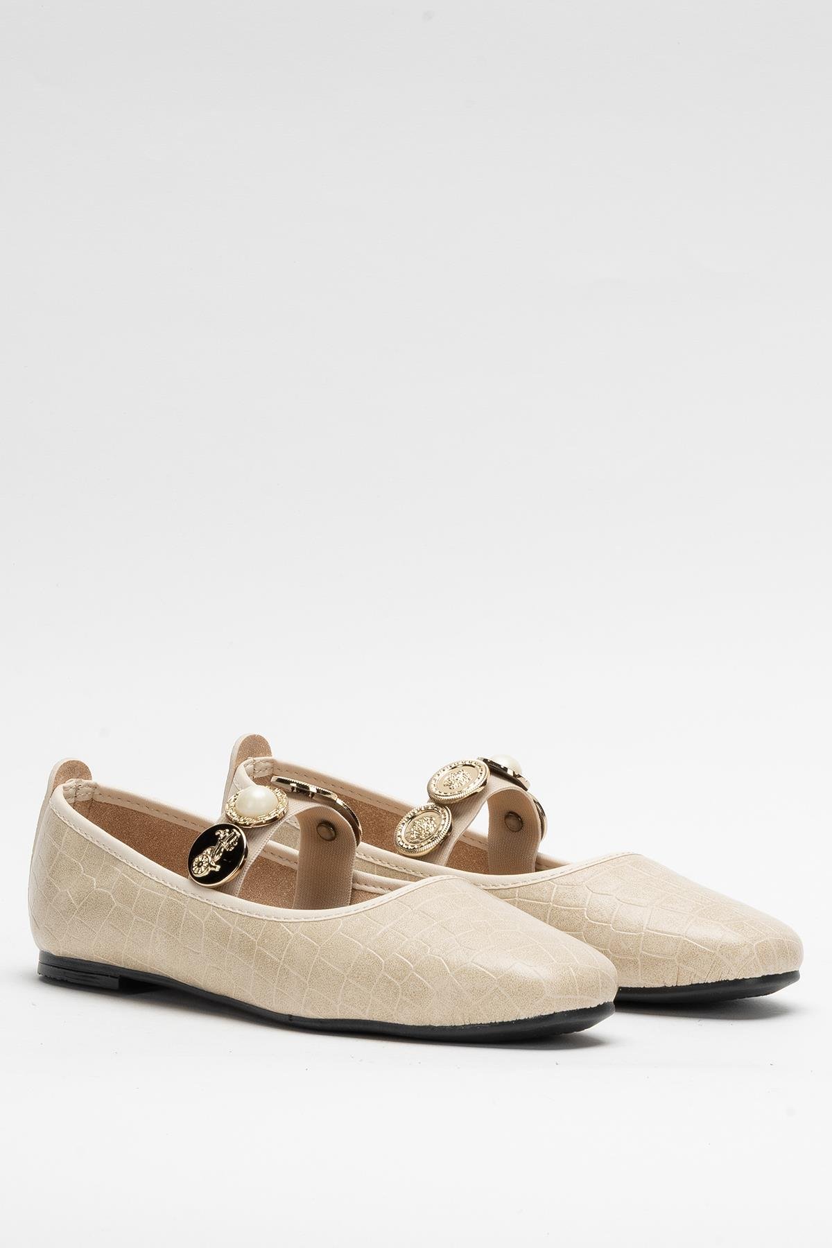 Kadın Oval Burun Aksesuar Bantlı Babet Ayakkabı KREM - Görsel 4