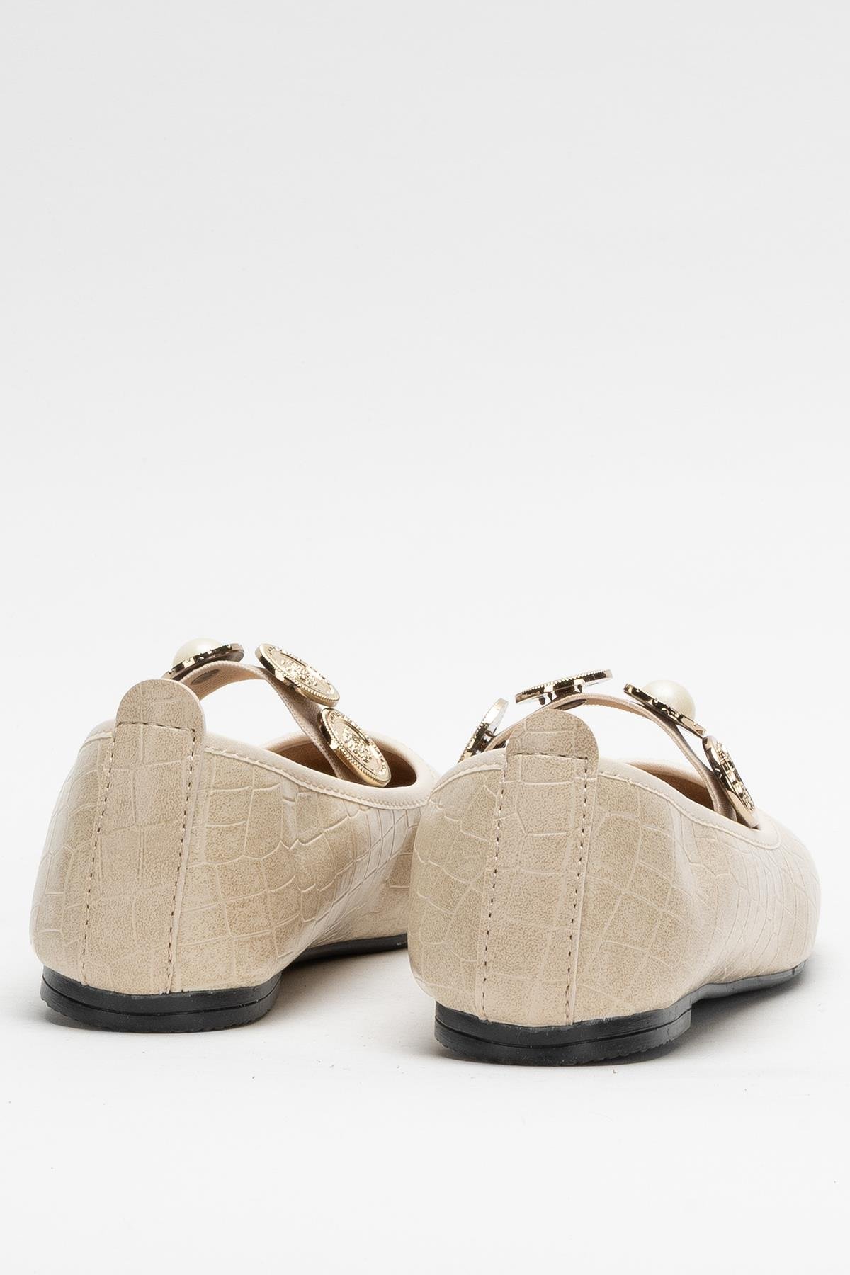 Kadın Oval Burun Aksesuar Bantlı Babet Ayakkabı KREM - Görsel 5