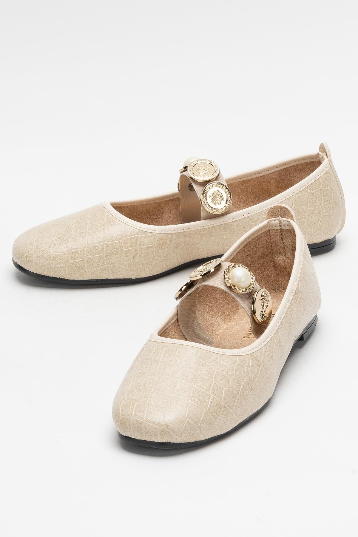 Kadın Oval Burun Aksesuar Bantlı Babet Ayakkabı KREM - Görsel 6