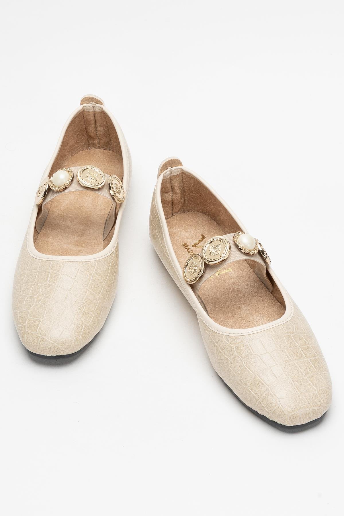 Kadın Oval Burun Aksesuar Bantlı Babet Ayakkabı KREM - Görsel 7