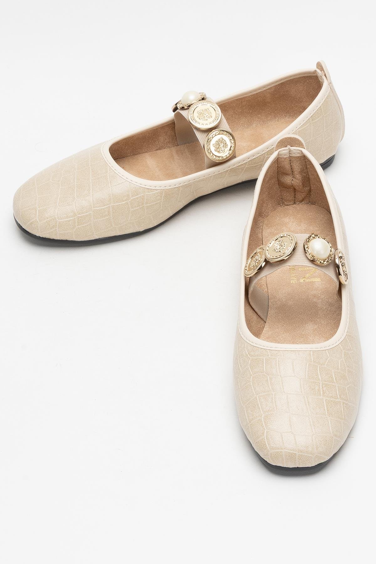 Kadın Oval Burun Aksesuar Bantlı Babet Ayakkabı KREM - Görsel 8