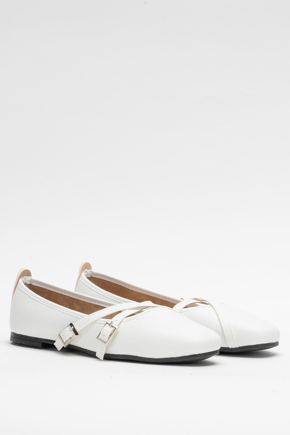 Kadın Çapraz Çift Kemerli Babet Ayakkabı BEYAZ - Görsel 4