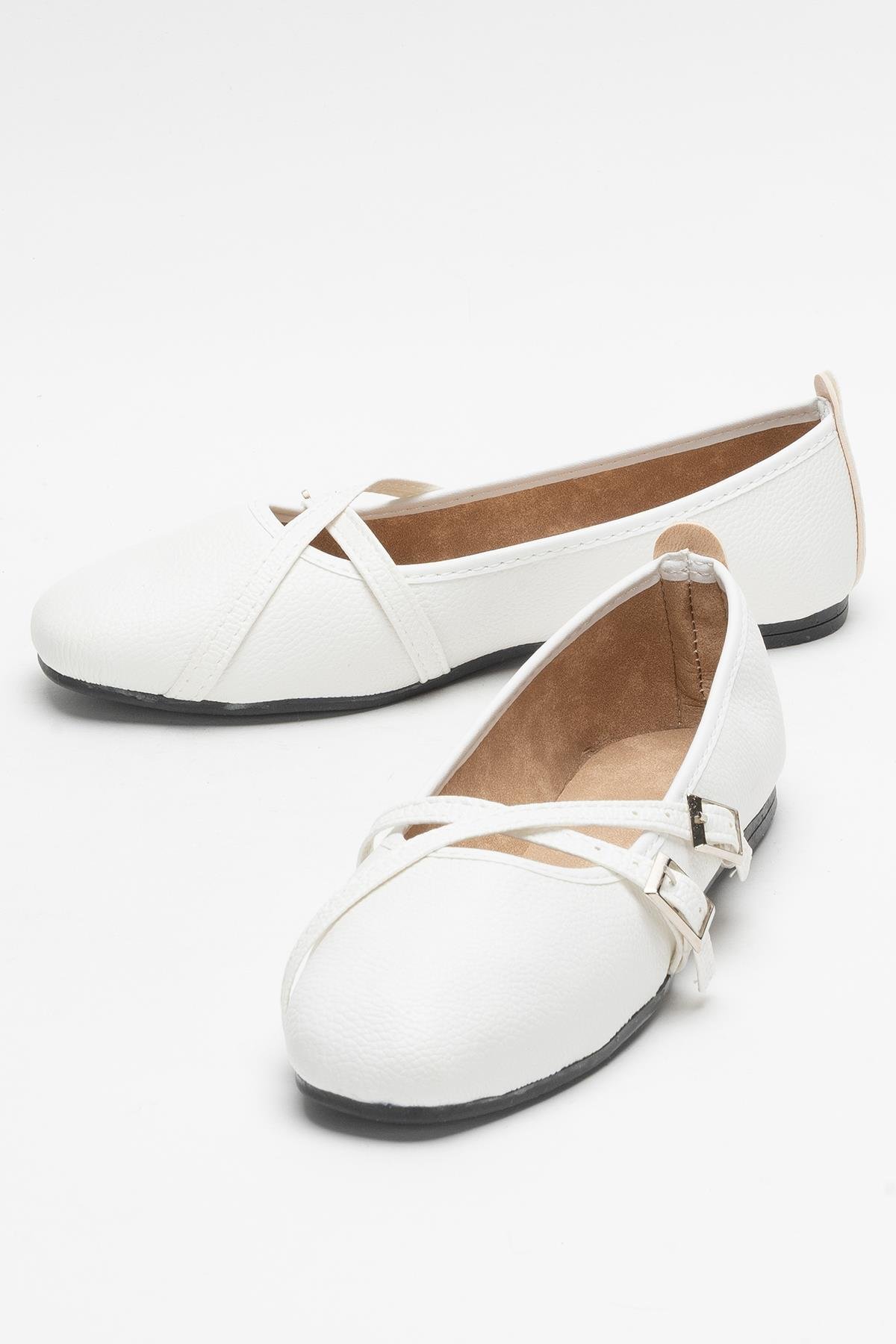 Kadın Çapraz Çift Kemerli Babet Ayakkabı BEYAZ - Görsel 5