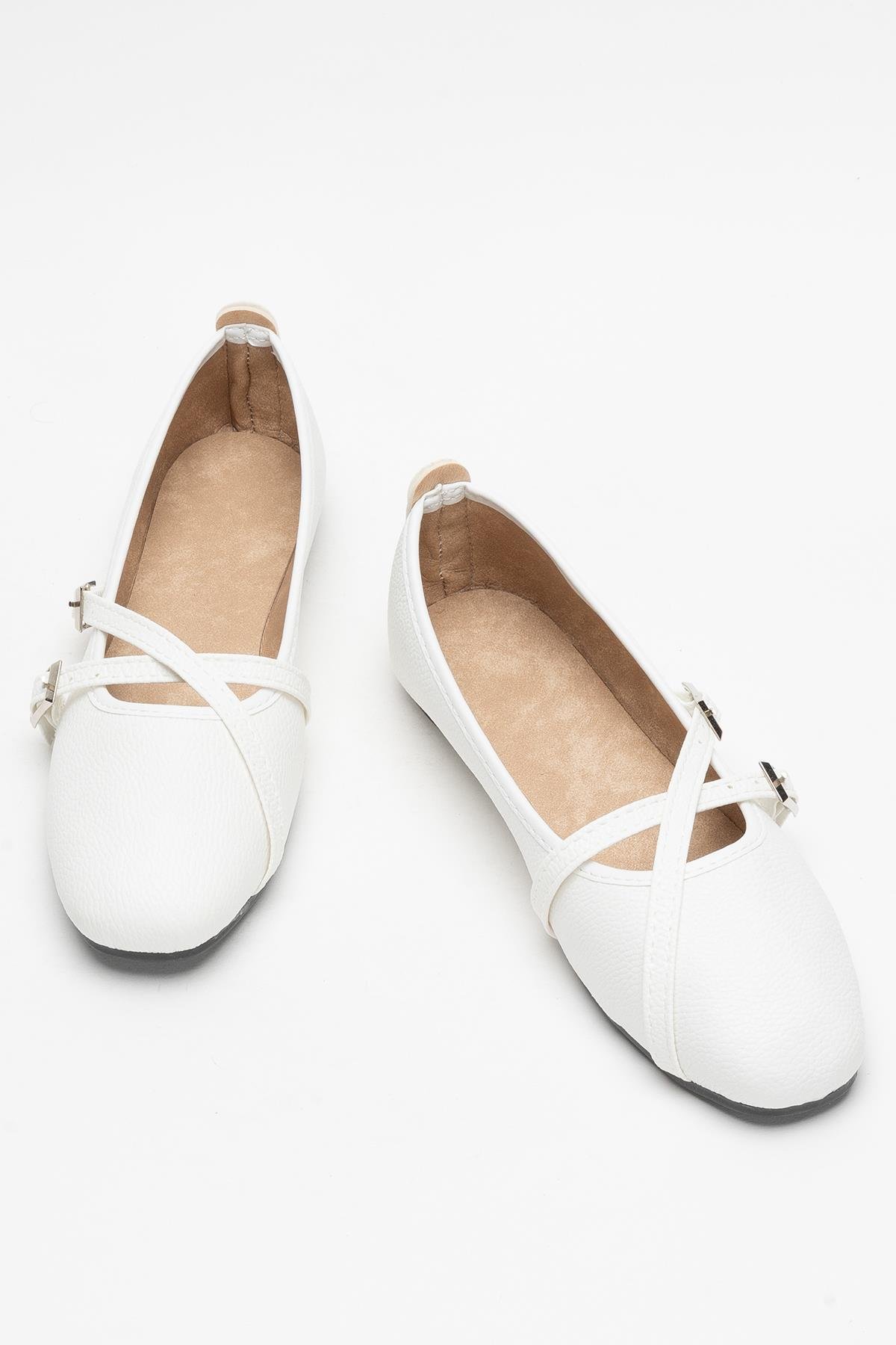 Kadın Çapraz Çift Kemerli Babet Ayakkabı BEYAZ - Görsel 6