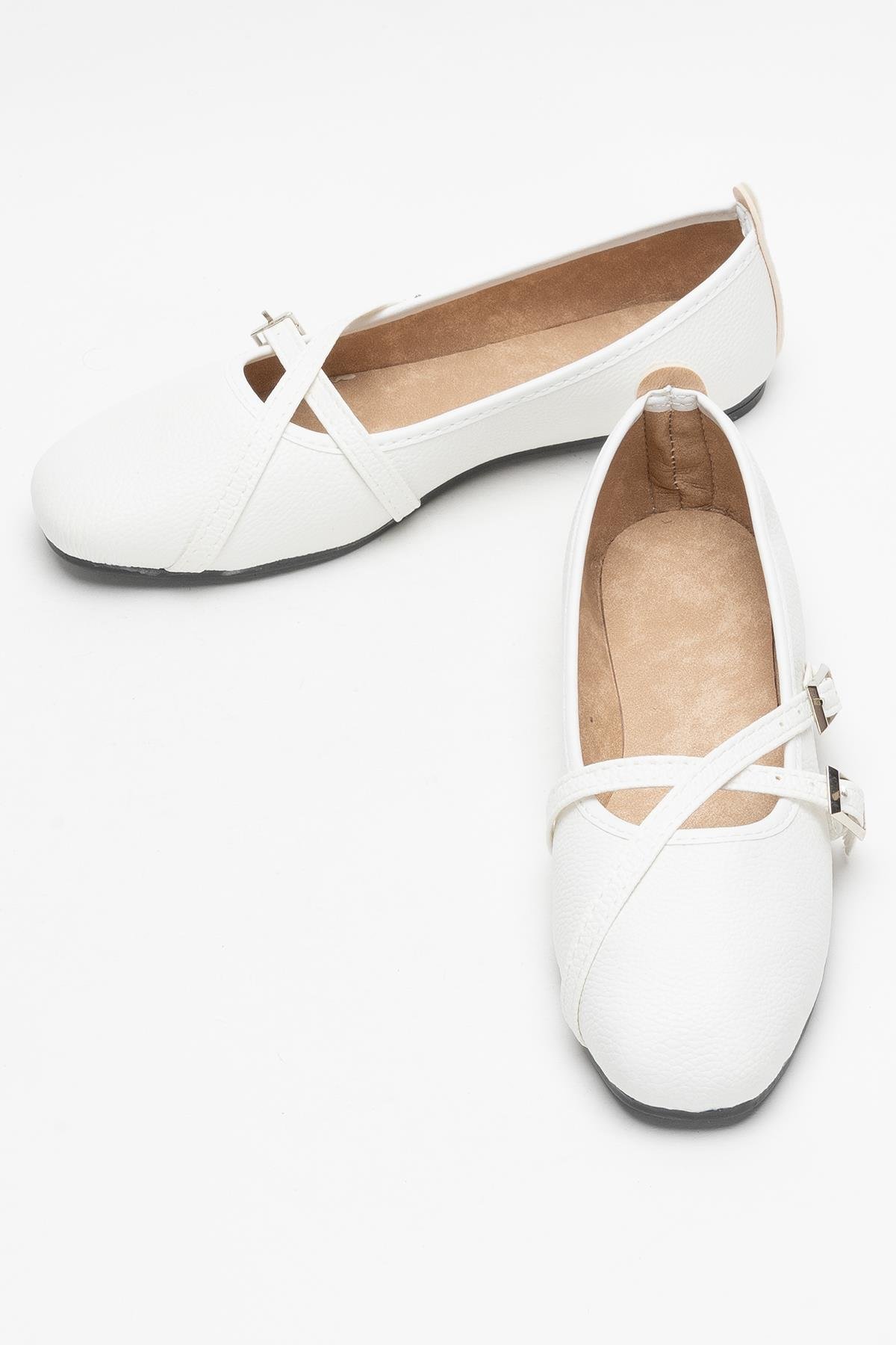 Kadın Çapraz Çift Kemerli Babet Ayakkabı BEYAZ - Görsel 7